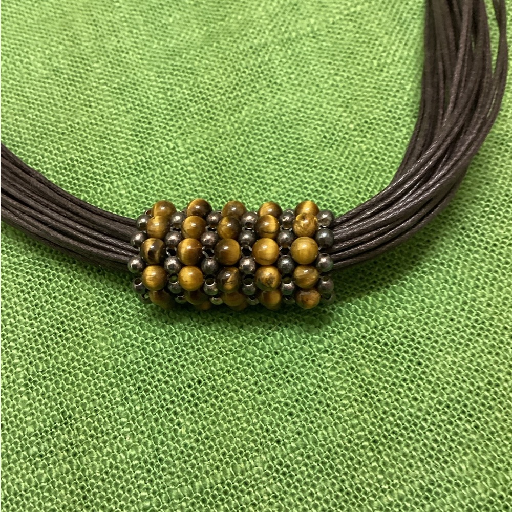 Tigers eye beaded slide pendant multi strand leather necklace earthy boho rustic